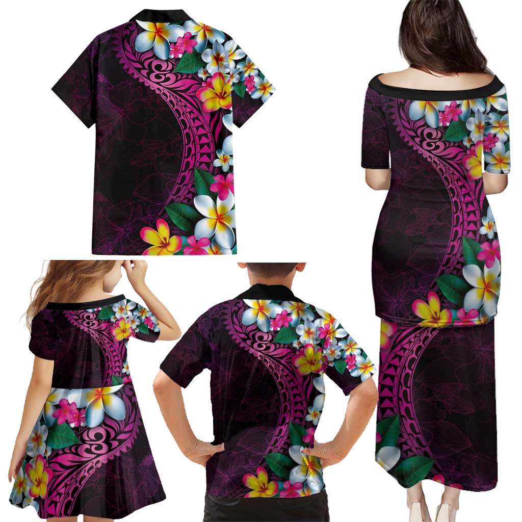 Hawaiian Plumeria-Polynesian Art Tattoo Plum Pink Color Family Matching Puletasi and Hawaiian Shirt