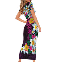 Hawaiian Plumeria-Polynesian Art Tattoo Plum Pink Color Family Matching Short Sleeve Bodycon Dress and Hawaiian Shirt