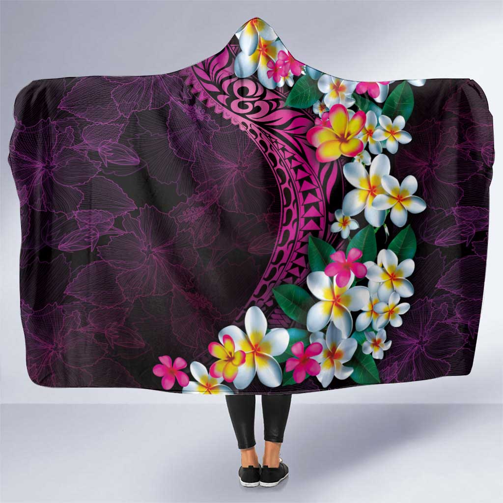 Hawaiian Plumeria-Polynesian Art Tattoo Plum Pink Color Hooded Blanket