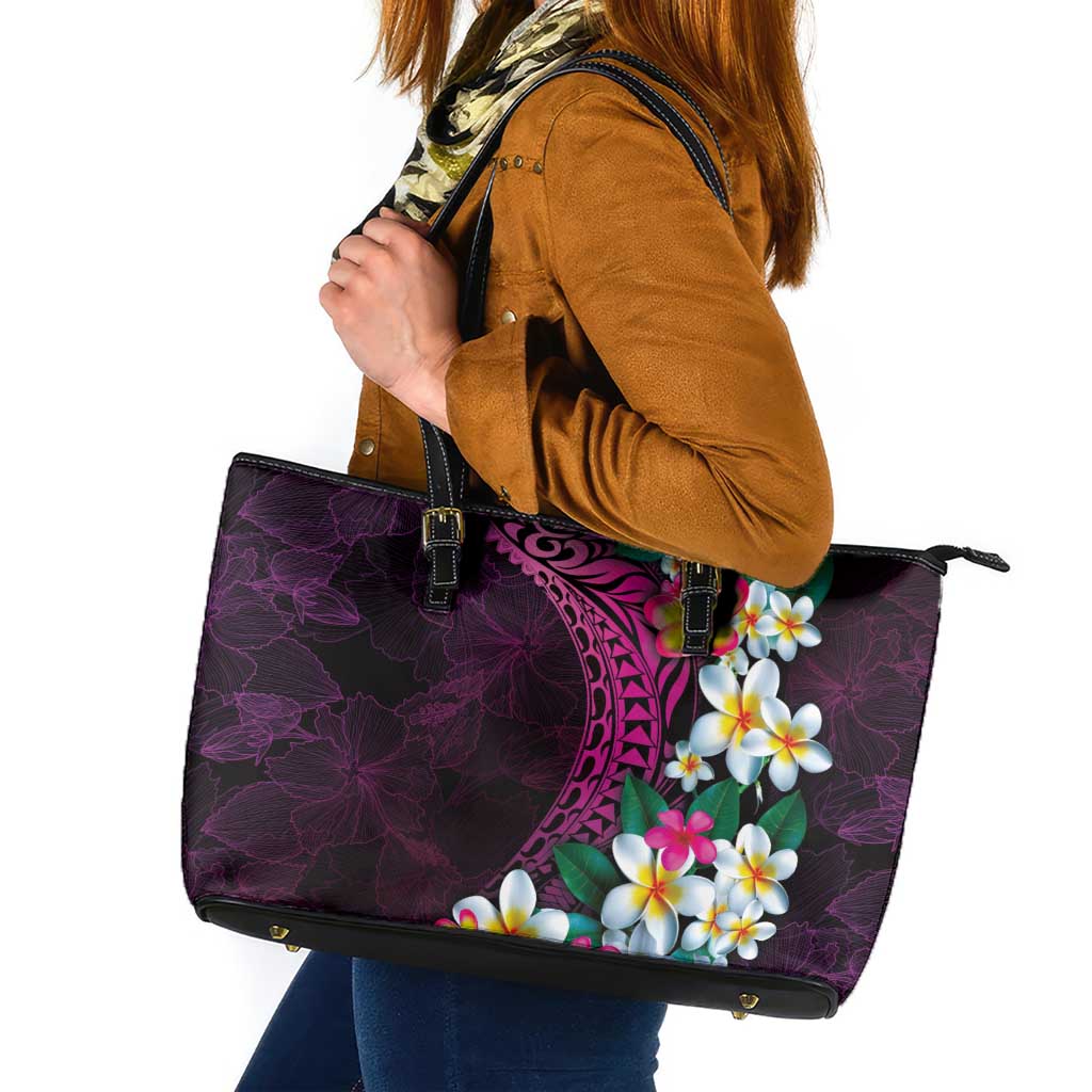 Hawaiian Plumeria-Polynesian Art Tattoo Plum Pink Color Leather Tote Bag