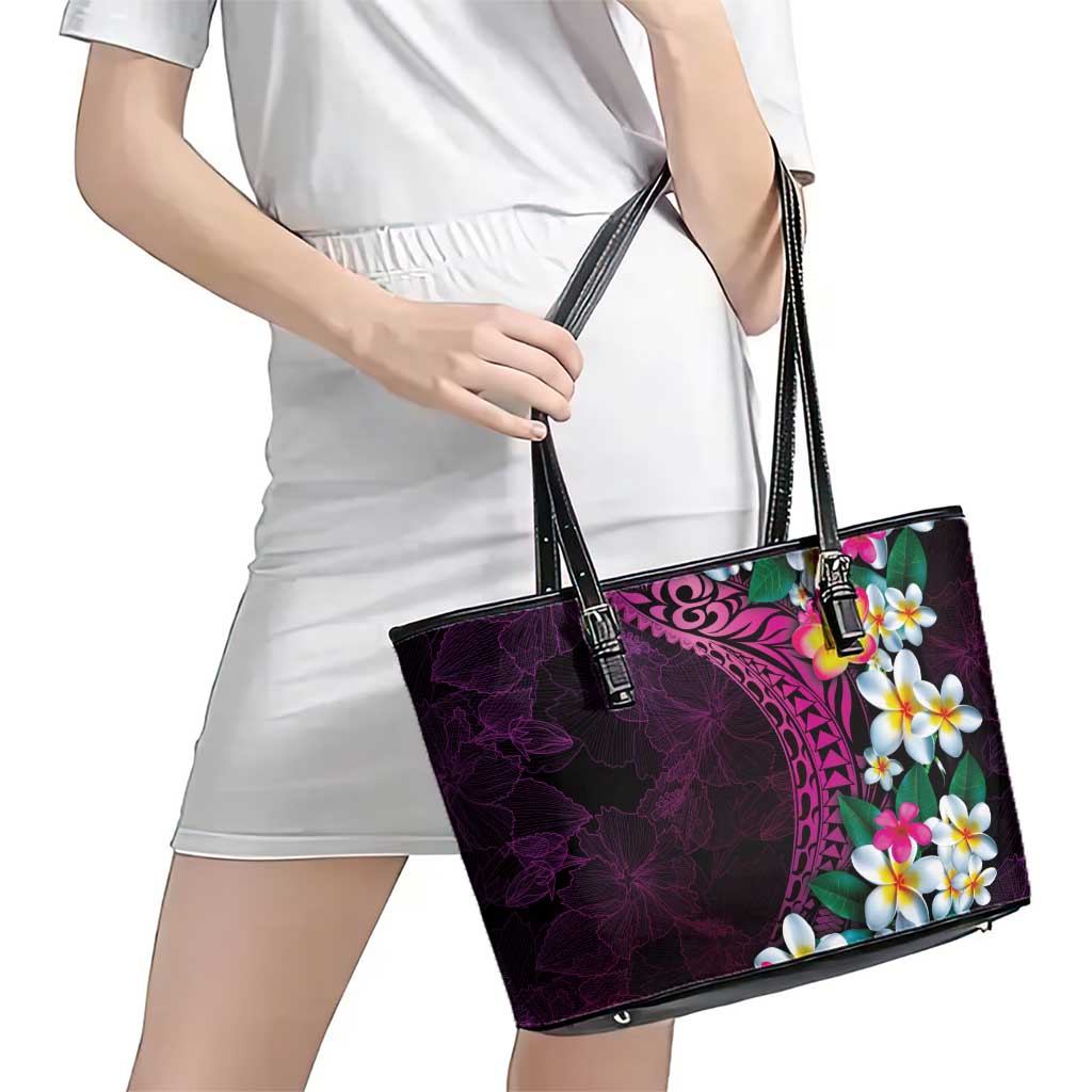 Hawaiian Plumeria-Polynesian Art Tattoo Plum Pink Color Leather Tote Bag