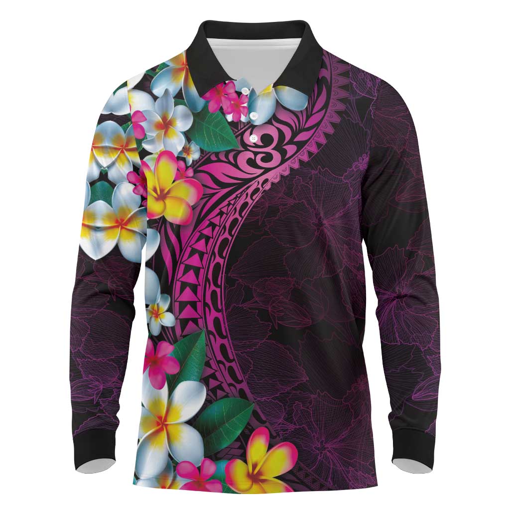 Hawaiian Plumeria-Polynesian Art Tattoo Plum Pink Color Long Sleeve Polo Shirt
