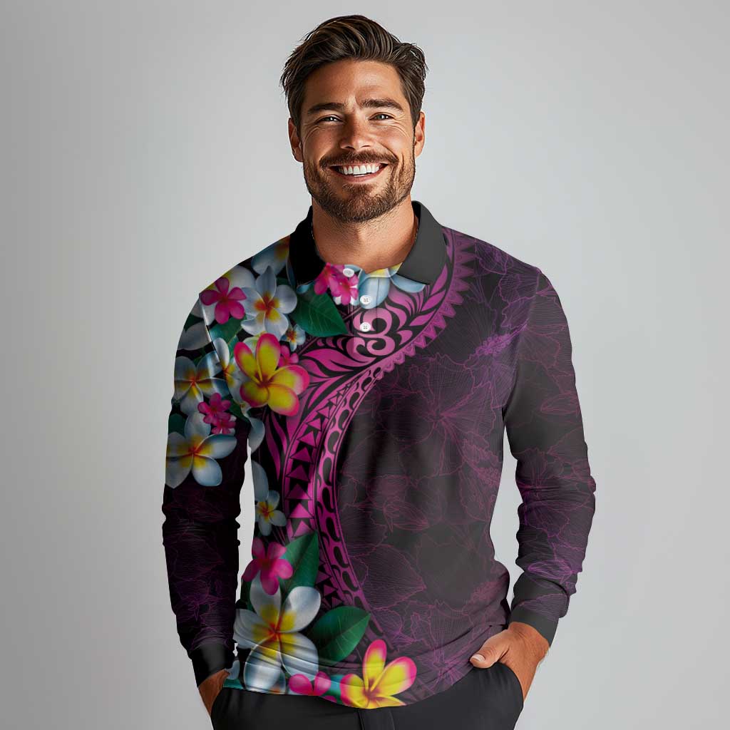 Hawaiian Plumeria-Polynesian Art Tattoo Plum Pink Color Long Sleeve Polo Shirt