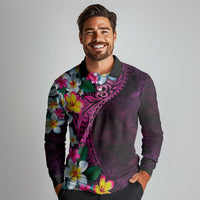 Hawaiian Plumeria-Polynesian Art Tattoo Plum Pink Color Long Sleeve Polo Shirt