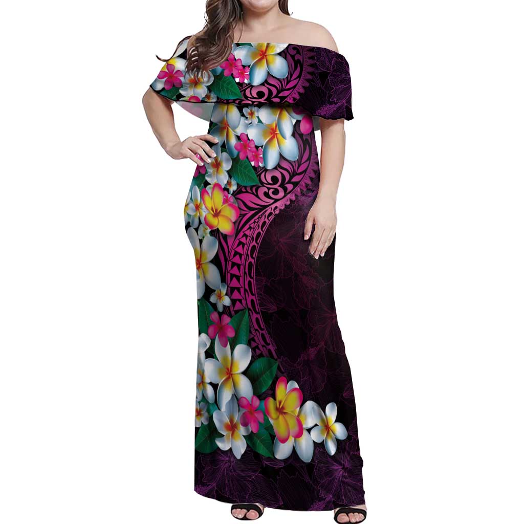 Hawaiian Plumeria-Polynesian Art Tattoo Plum Pink Color Off Shoulder Maxi Dress