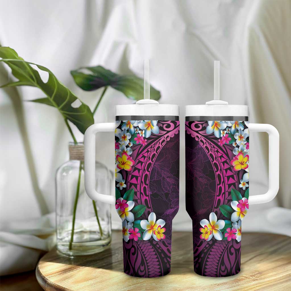 Hawaiian Plumeria-Polynesian Art Tattoo Plum Pink Color Tumbler With Handle