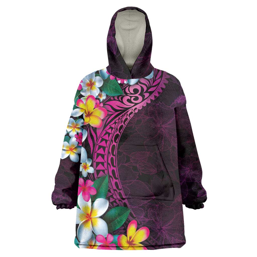 Hawaiian Plumeria-Polynesian Art Tattoo Plum Pink Color Wearable Blanket Hoodie