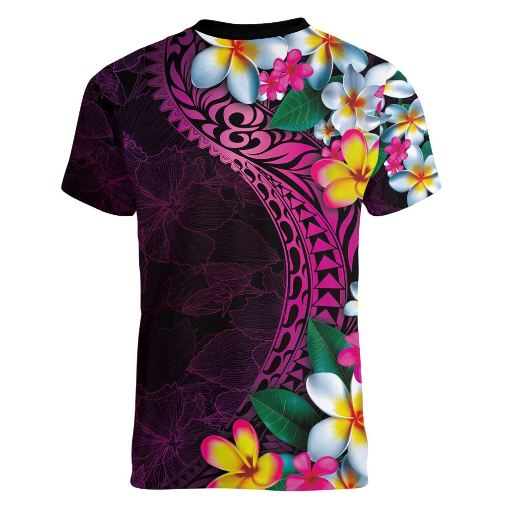 Hawaiian Plumeria-Polynesian Art Tattoo Plum Pink Color Women V-Neck T-Shirt