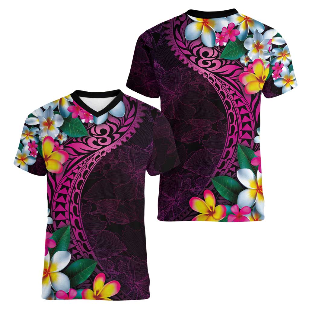 Hawaiian Plumeria-Polynesian Art Tattoo Plum Pink Color Women V-Neck T-Shirt