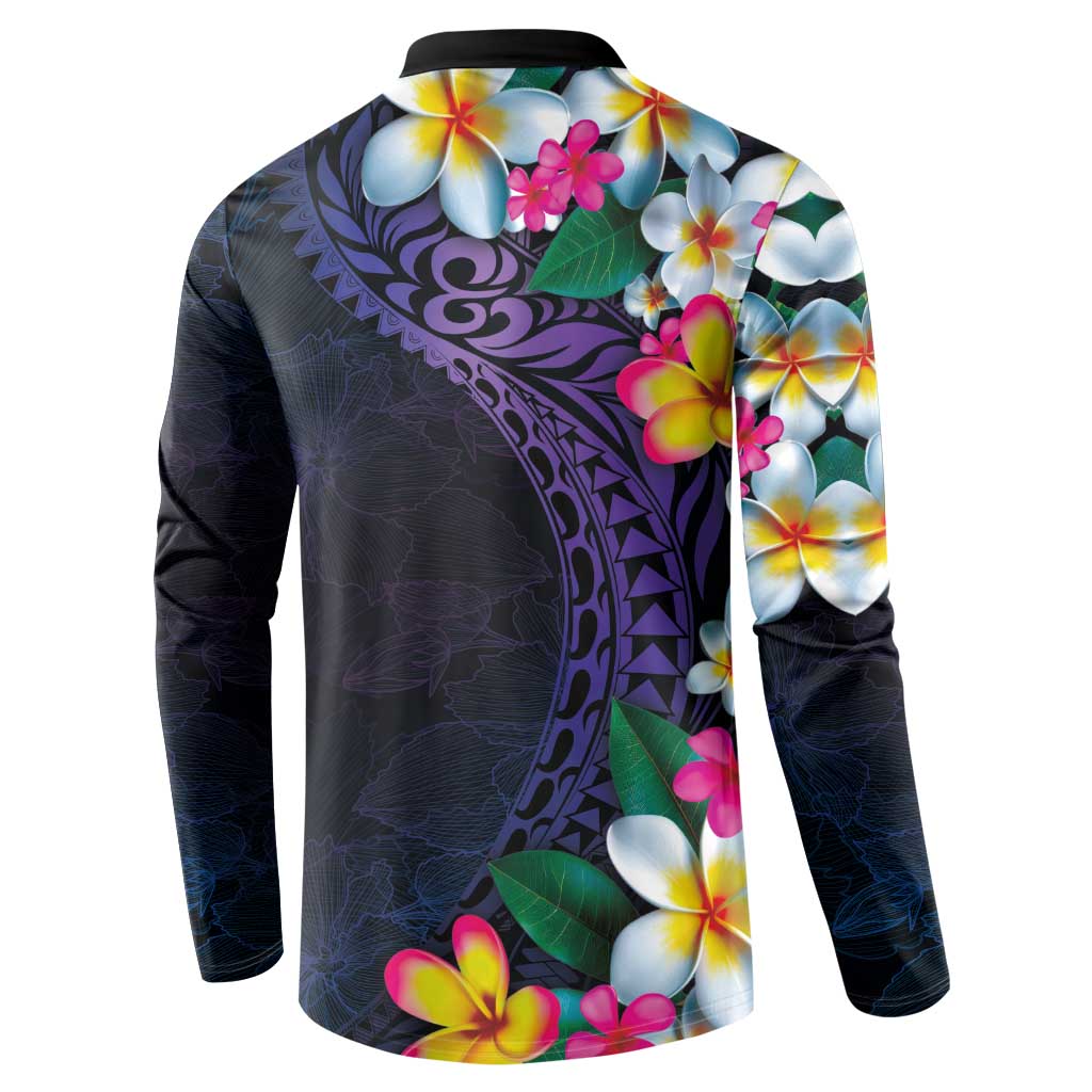 Hawaiian Plumeria-Polynesian Art Tattoo Frosted Blue Violet Color Button Sweatshirt