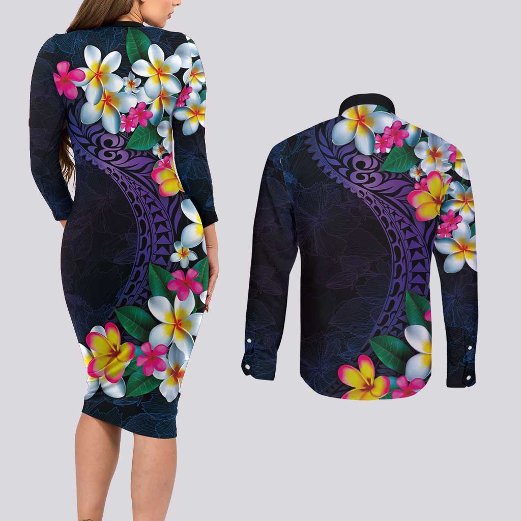 Hawaiian Plumeria-Polynesian Art Tattoo Frosted Blue Violet Color Couples Matching Long Sleeve Bodycon Dress and Long Sleeve Button Shirt