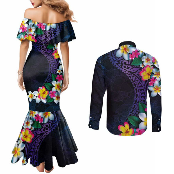 Polynesian Pride Couples Matching Mermaid Dress and Long Sleeve Button Shirts Tiare With Plumeria Mix Style LT7 main image 0