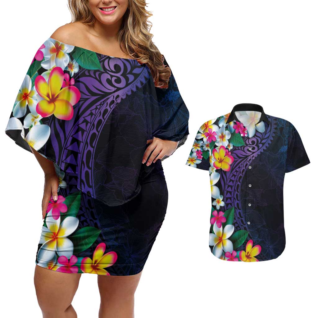 Hawaiian Plumeria-Polynesian Art Tattoo Frosted Blue Violet Color Couples Matching Off Shoulder Short Dress and Hawaiian Shirt LT03 Blue - Polynesian Pride