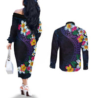 Hawaiian Plumeria-Polynesian Art Tattoo Frosted Blue Violet Color Couples Matching Off The Shoulder Long Sleeve Dress and Long Sleeve Button Shirt