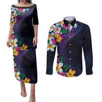 Hawaiian Plumeria-Polynesian Art Tattoo Frosted Blue Violet Color Couples Matching Puletasi and Long Sleeve Button Shirt