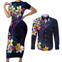 Hawaiian Plumeria-Polynesian Art Tattoo Frosted Blue Violet Color Couples Matching Short Sleeve Bodycon Dress and Long Sleeve Button Shirt