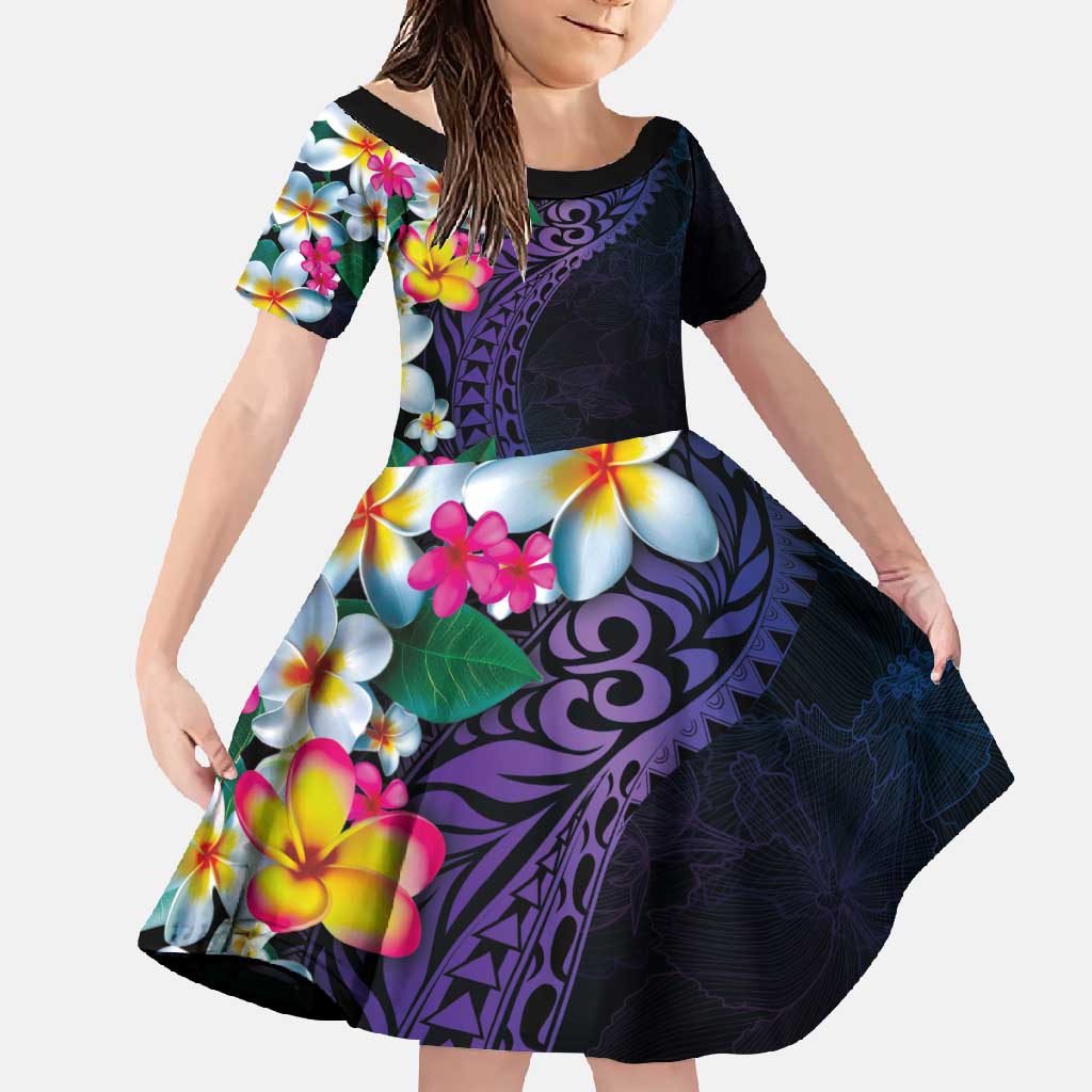 Hawaiian Plumeria-Polynesian Art Tattoo Frosted Blue Violet Color Family Matching Long Sleeve Bodycon Dress and Hawaiian Shirt