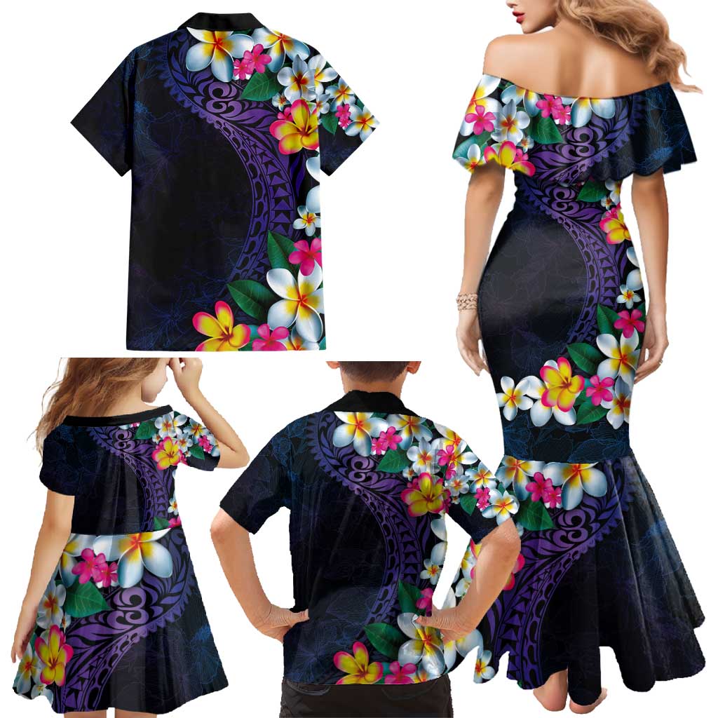 Hawaiian Plumeria-Polynesian Art Tattoo Frosted Blue Violet Color Family Matching Mermaid Dress and Hawaiian Shirt