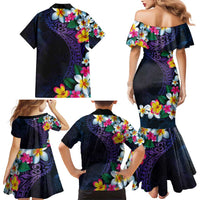 Hawaiian Plumeria-Polynesian Art Tattoo Frosted Blue Violet Color Family Matching Mermaid Dress and Hawaiian Shirt