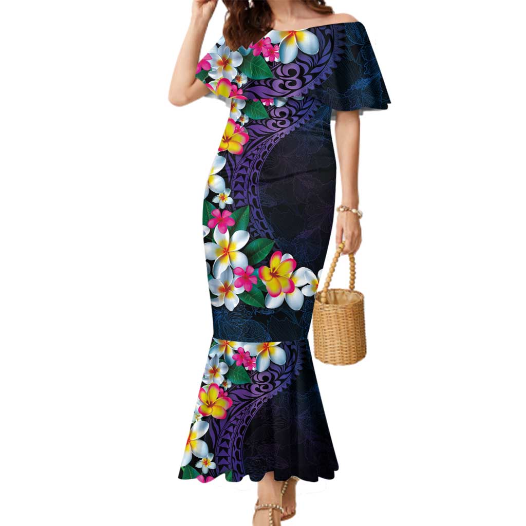 Hawaiian Plumeria-Polynesian Art Tattoo Frosted Blue Violet Color Family Matching Mermaid Dress and Hawaiian Shirt