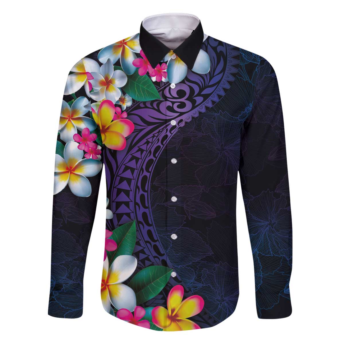 Hawaiian Plumeria-Polynesian Art Tattoo Frosted Blue Violet Color Family Matching Off The Shoulder Long Sleeve Dress and Hawaiian Shirt