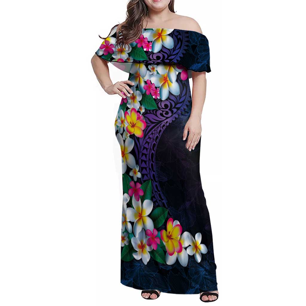 Hawaiian Plumeria-Polynesian Art Tattoo Frosted Blue Violet Color Family Matching Off Shoulder Maxi Dress and Hawaiian Shirt