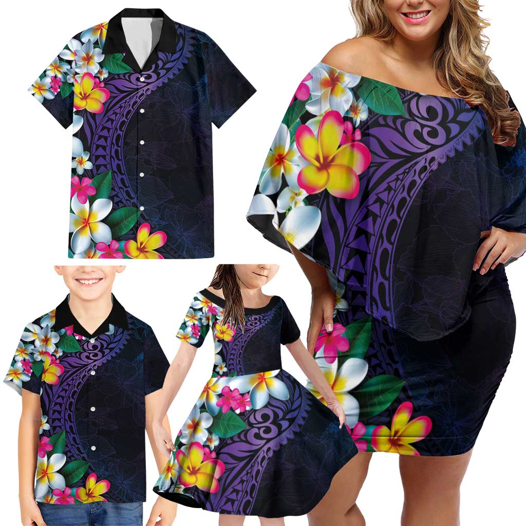 Hawaiian Plumeria-Polynesian Art Tattoo Frosted Blue Violet Color Family Matching Off Shoulder Short Dress and Hawaiian Shirt