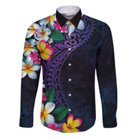 Hawaiian Plumeria-Polynesian Art Tattoo Frosted Blue Violet Color Family Matching Off Shoulder Short Dress and Hawaiian Shirt