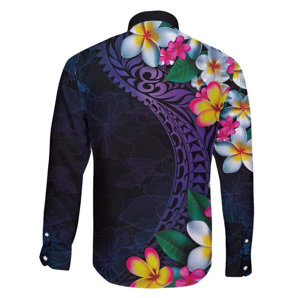 Hawaiian Plumeria-Polynesian Art Tattoo Frosted Blue Violet Color Family Matching Off Shoulder Short Dress and Hawaiian Shirt