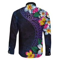 Hawaiian Plumeria-Polynesian Art Tattoo Frosted Blue Violet Color Family Matching Off Shoulder Short Dress and Hawaiian Shirt
