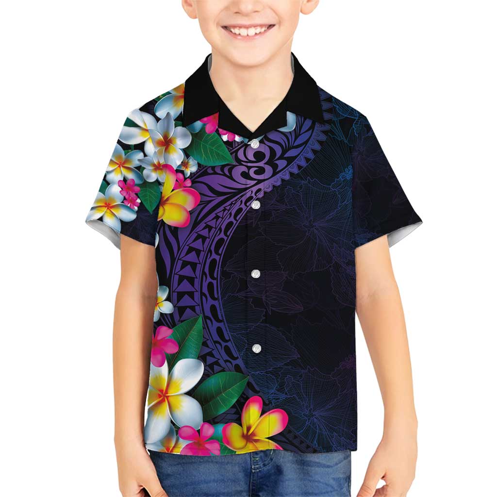 Hawaiian Plumeria-Polynesian Art Tattoo Frosted Blue Violet Color Family Matching Off Shoulder Short Dress and Hawaiian Shirt