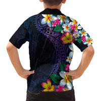 Hawaiian Plumeria-Polynesian Art Tattoo Frosted Blue Violet Color Family Matching Short Sleeve Bodycon Dress and Hawaiian Shirt
