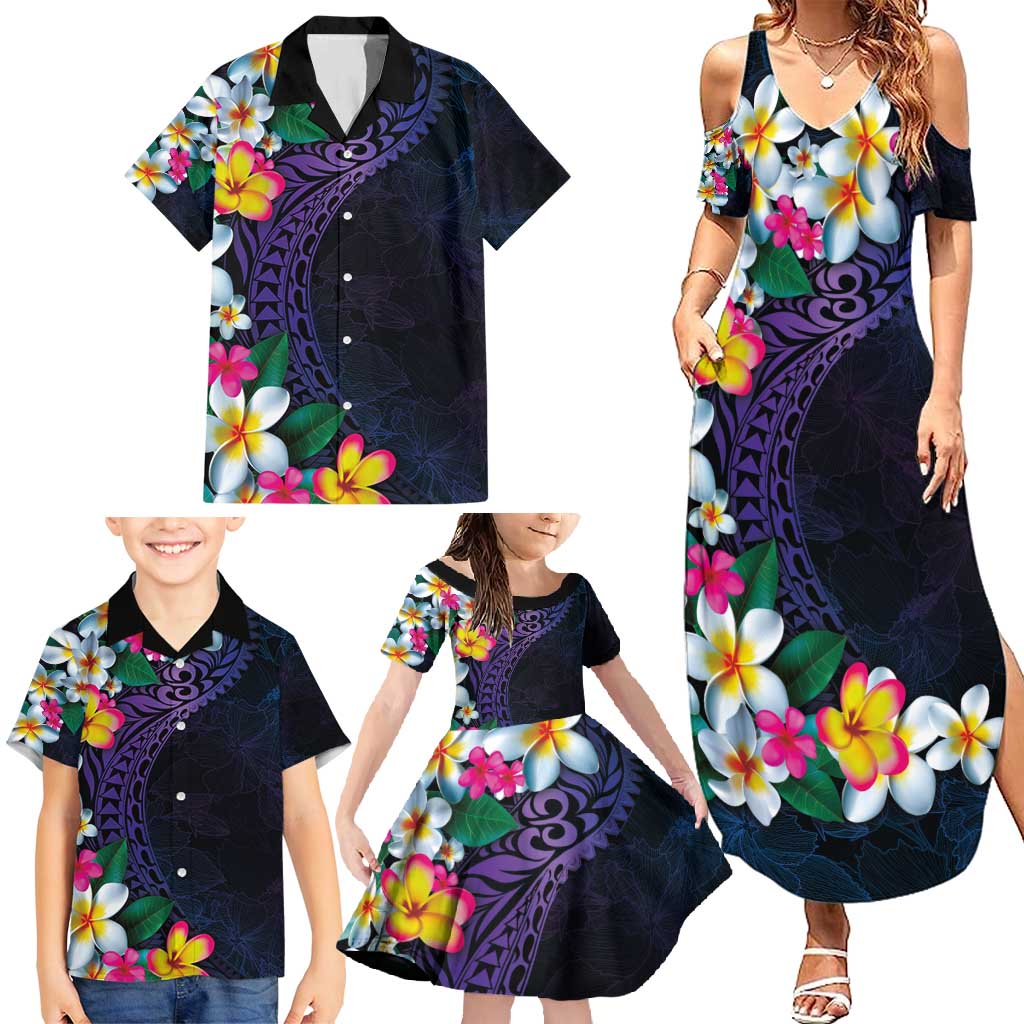 Hawaiian Plumeria-Polynesian Art Tattoo Frosted Blue Violet Color Family Matching Summer Maxi Dress and Hawaiian Shirt