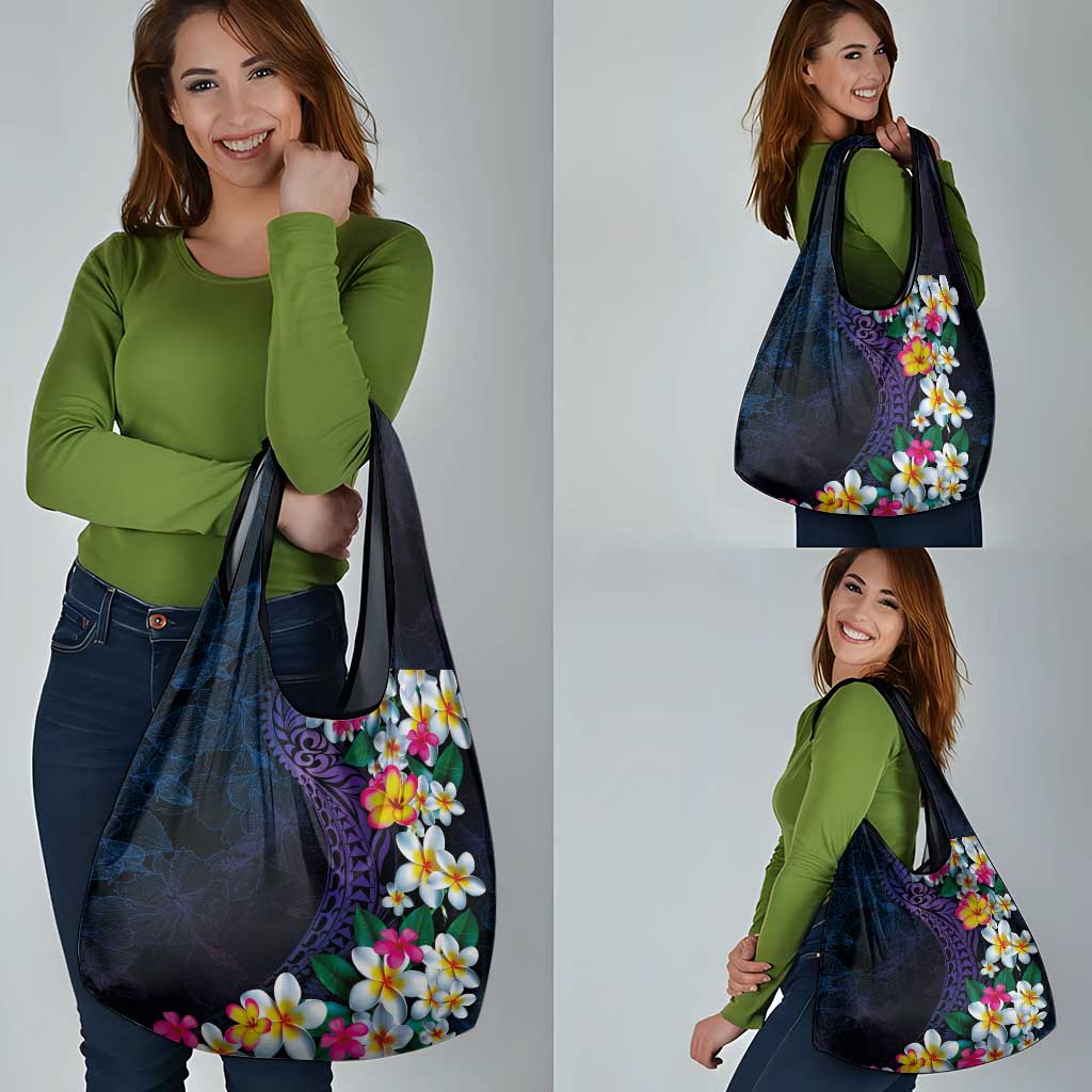 Hawaiian Plumeria-Polynesian Art Tattoo Frosted Blue Violet Color Grocery Bag