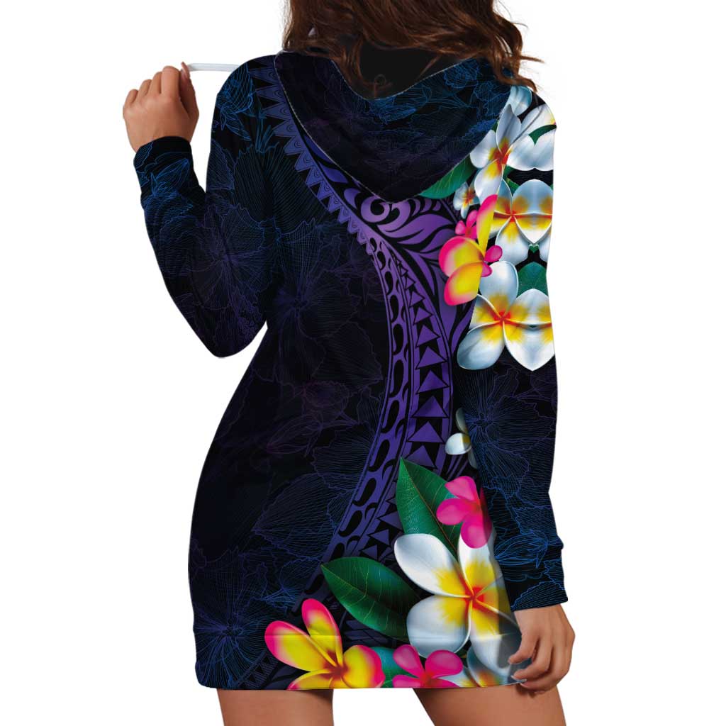 Hawaiian Plumeria-Polynesian Art Tattoo Frosted Blue Violet Color Hoodie Dress