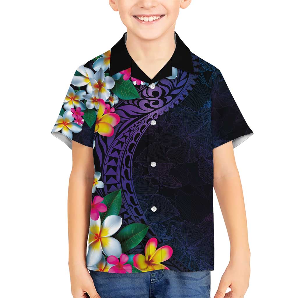 Hawaiian Plumeria-Polynesian Art Tattoo Frosted Blue Violet Color Kid Hawaiian Shirt