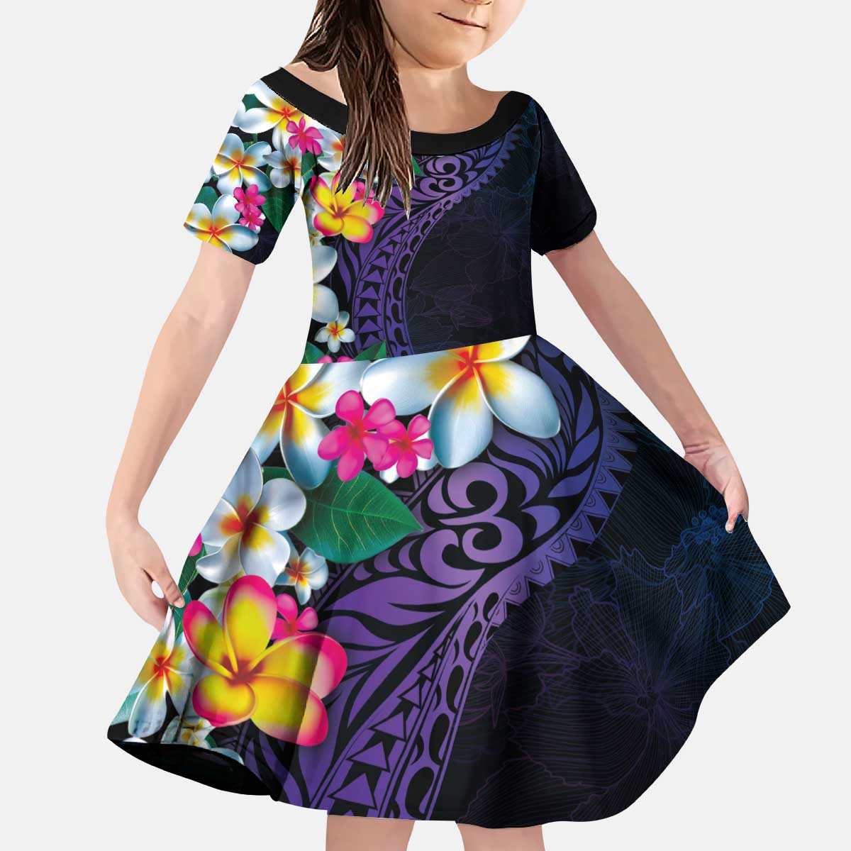 Hawaiian Plumeria-Polynesian Art Tattoo Frosted Blue Violet Color Kid Short Sleeve Dress