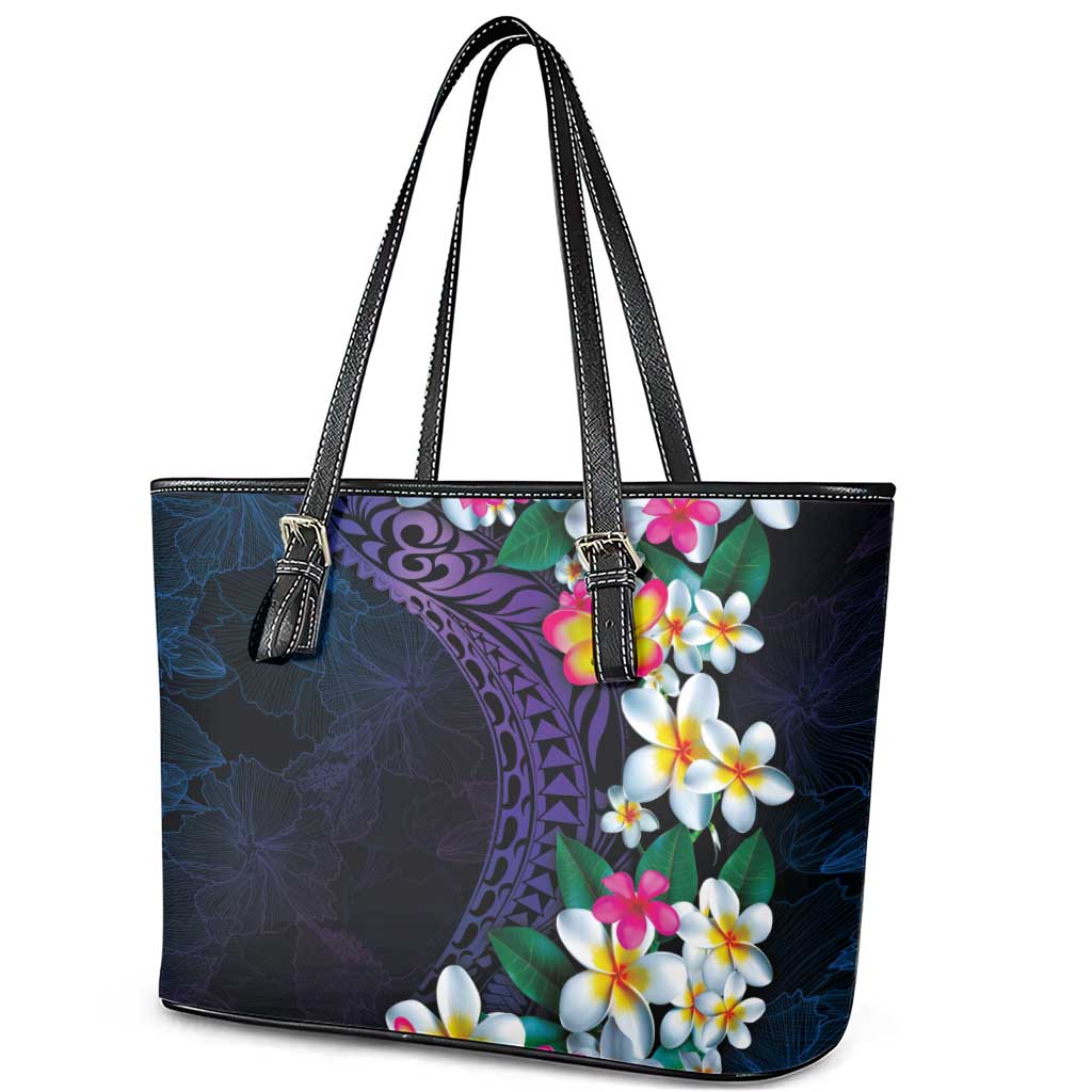 Hawaiian Plumeria-Polynesian Art Tattoo Frosted Blue Violet Color Leather Tote Bag