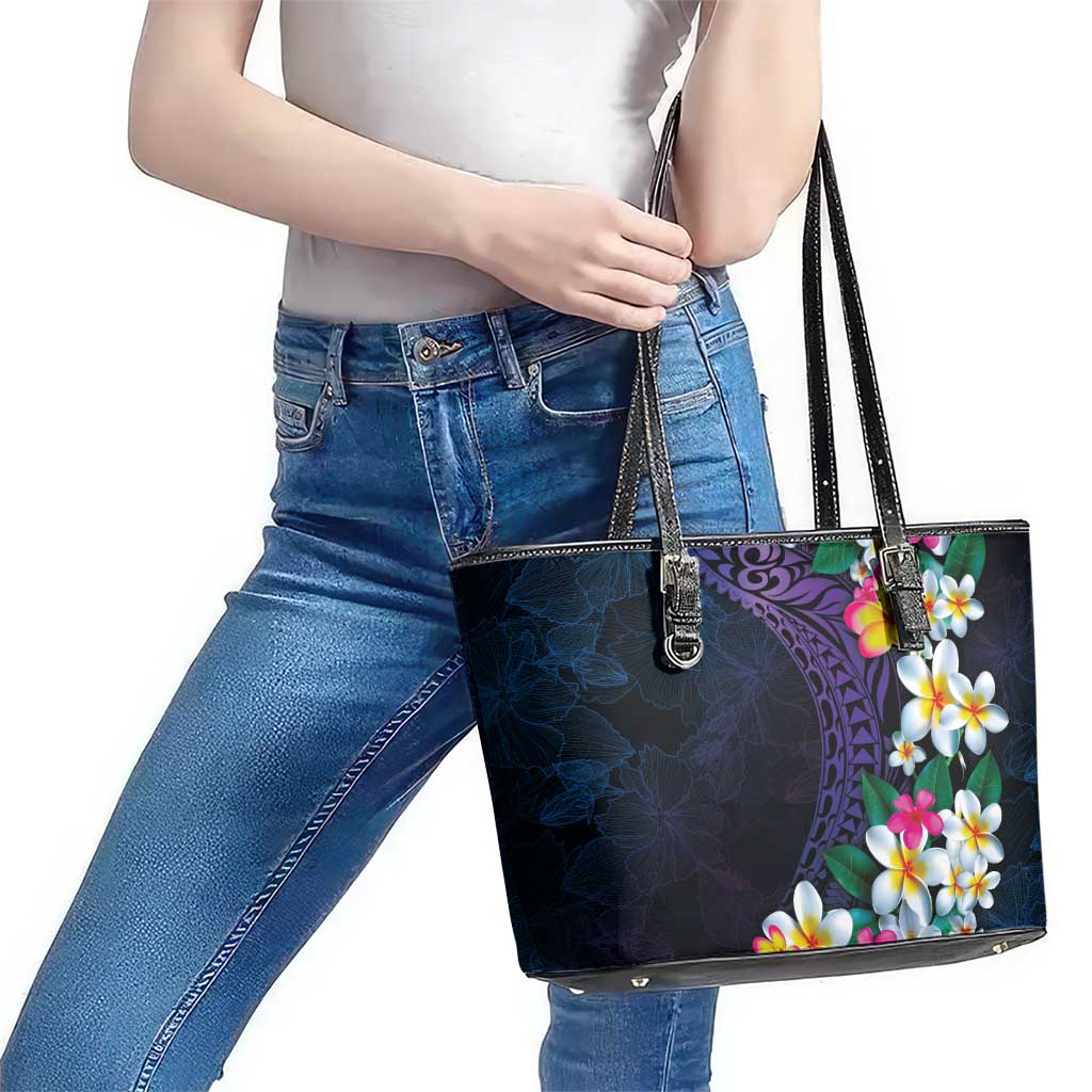 Hawaiian Plumeria-Polynesian Art Tattoo Frosted Blue Violet Color Leather Tote Bag