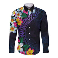 Hawaiian Plumeria-Polynesian Art Tattoo Frosted Blue Violet Color Long Sleeve Button Shirt
