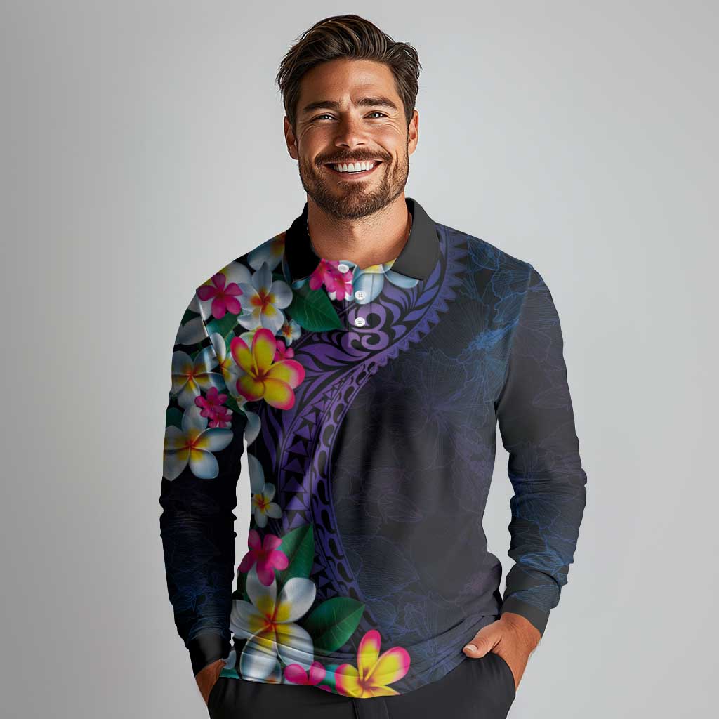 Hawaiian Plumeria-Polynesian Art Tattoo Frosted Blue Violet Color Long Sleeve Polo Shirt
