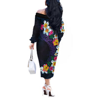 Hawaiian Plumeria-Polynesian Art Tattoo Frosted Blue Violet Color Off The Shoulder Long Sleeve Dress