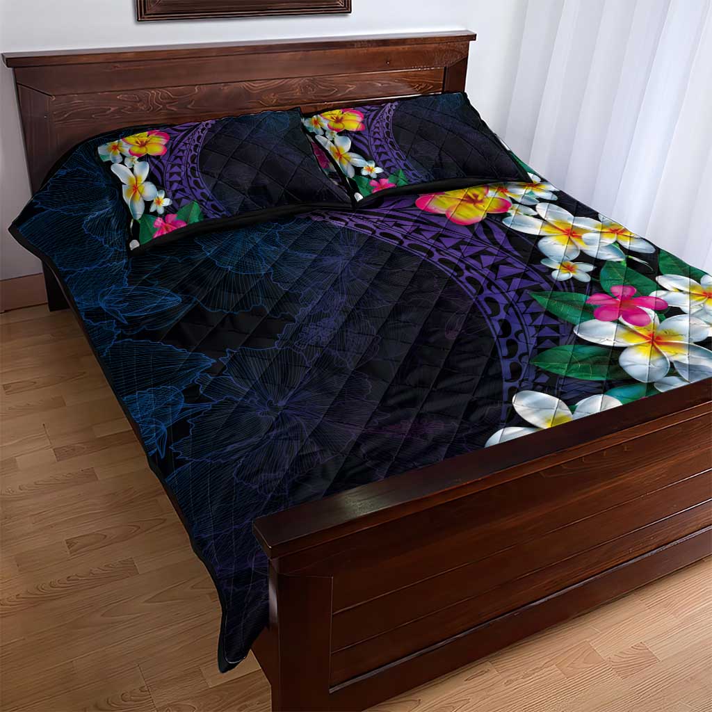 Hawaiian Plumeria-Polynesian Art Tattoo Frosted Blue Violet Color Quilt Bed Set