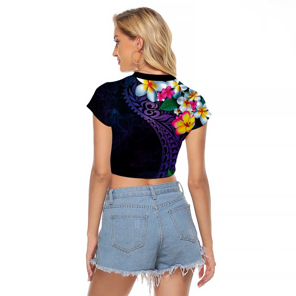 Hawaiian Plumeria-Polynesian Art Tattoo Frosted Blue Violet Color Raglan Cropped T Shirt