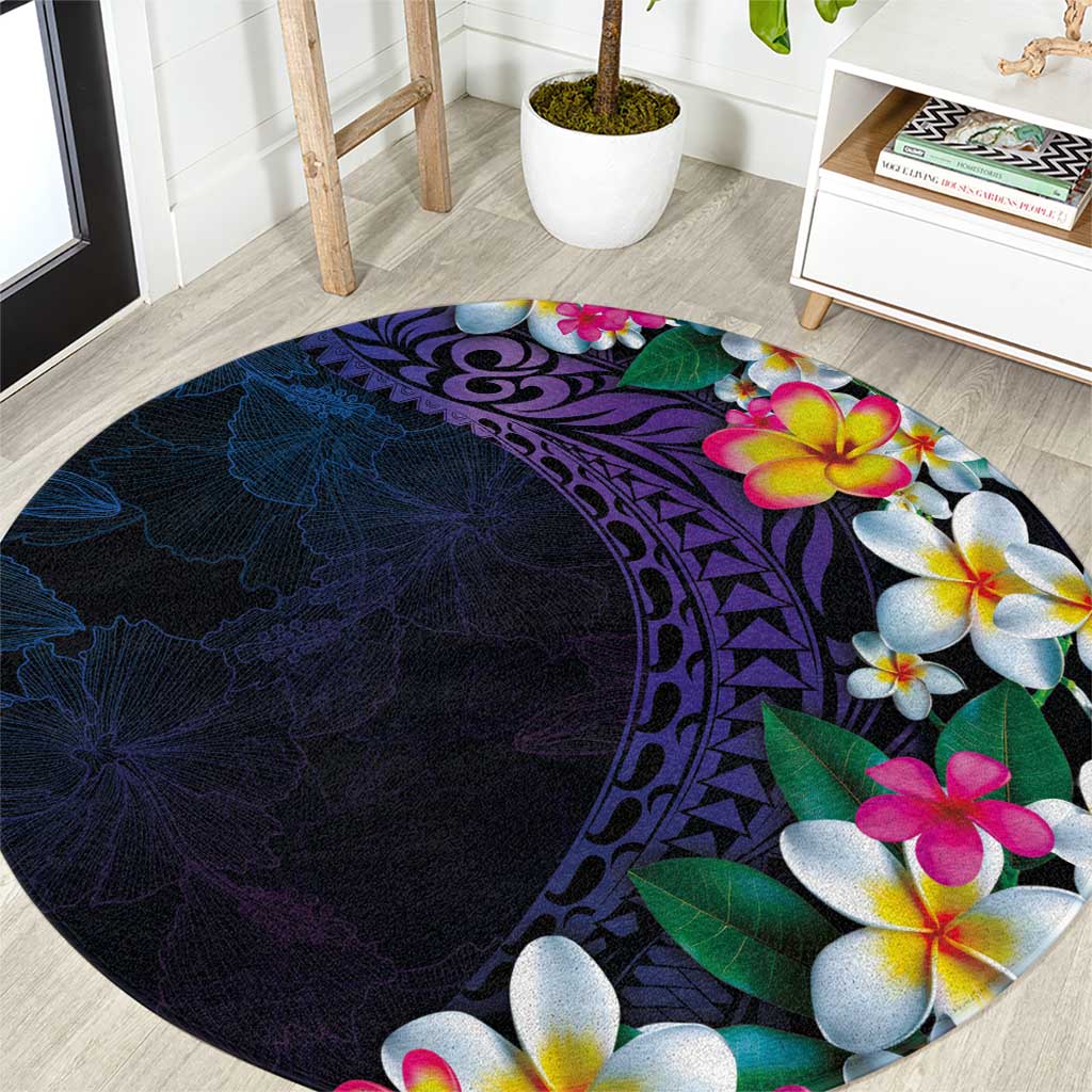 Hawaiian Plumeria-Polynesian Art Tattoo Frosted Blue Violet Color Round Carpet LT03 Blue - Polynesian Pride