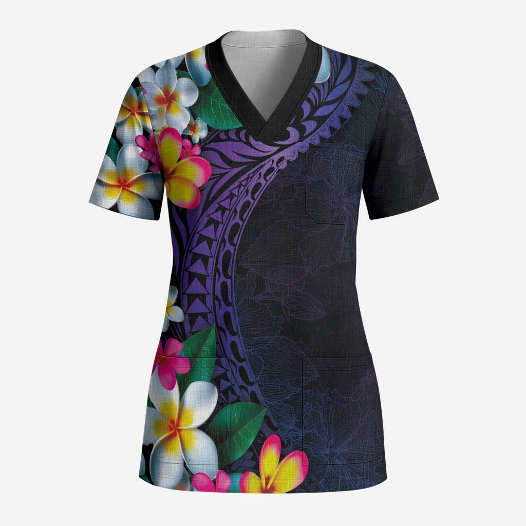 Hawaiian Plumeria-Polynesian Art Tattoo Frosted Blue Violet Color Scrub Top LT03 Adult Blue - Polynesian Pride