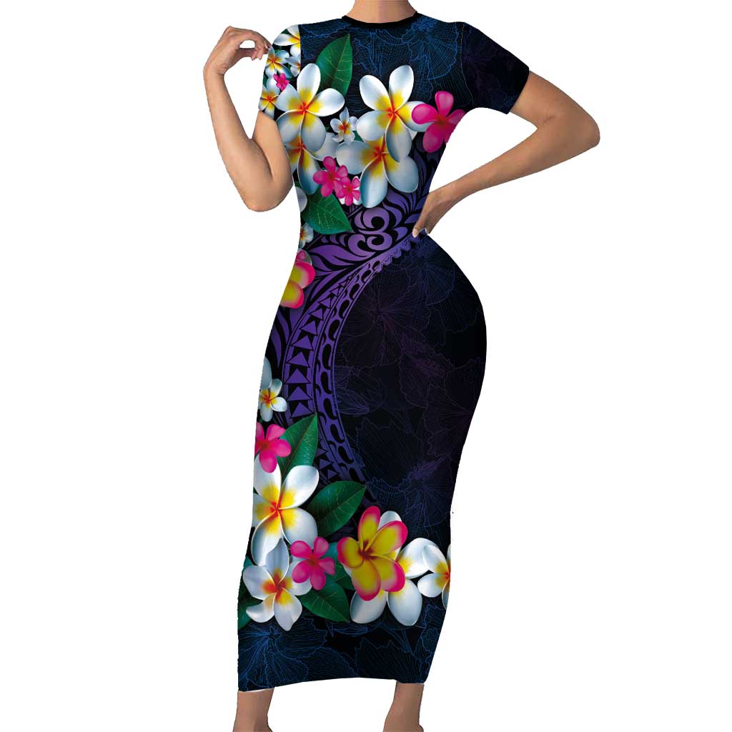 Hawaiian Plumeria-Polynesian Art Tattoo Frosted Blue Violet Color Short Sleeve Bodycon Dress
