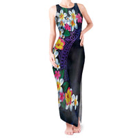 Hawaiian Plumeria-Polynesian Art Tattoo Frosted Blue Violet Color Tank Maxi Dress