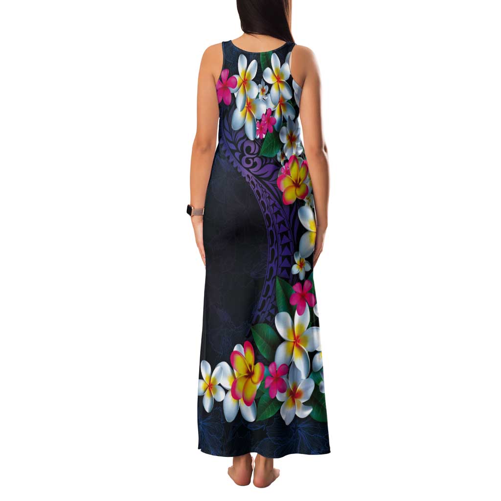 Hawaiian Plumeria-Polynesian Art Tattoo Frosted Blue Violet Color Tank Maxi Dress