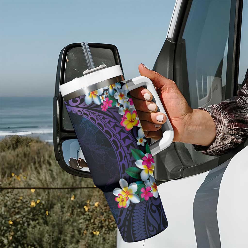 Hawaiian Plumeria-Polynesian Art Tattoo Frosted Blue Violet Color Tumbler With Handle